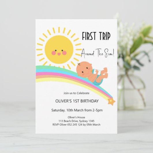 1. Reise um den Sonnenkind Geburtstag Einladung (Stehend Vorderseite)