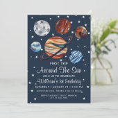 1. Reise Wasserfarbe Weltraum 1. Geburtstag Junge Einladung (Stehend Vorderseite)