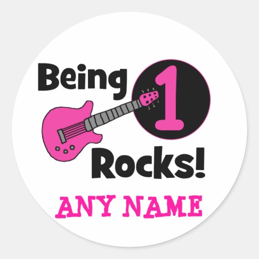 1 Rocks sein mit rosa Gitarre! Runder Aufkleber (Vorderseite)