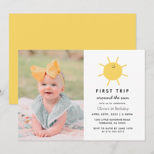 1. Rundgang durch das sonnige 1. Geburtstag Foto Einladung (Vorne/Hinten)