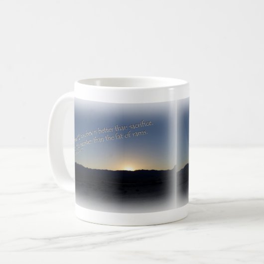 1 Samuel 15:22 Weißer Sonnenuntergang Kaffeetasse (Vorderseite Links)