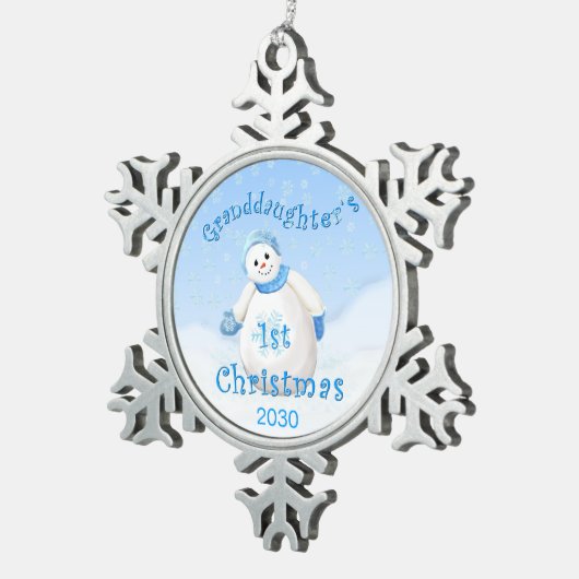 1. Schneemann der Enkelin Weihnachts Schneeflocken Zinn-Ornament (Rechts)