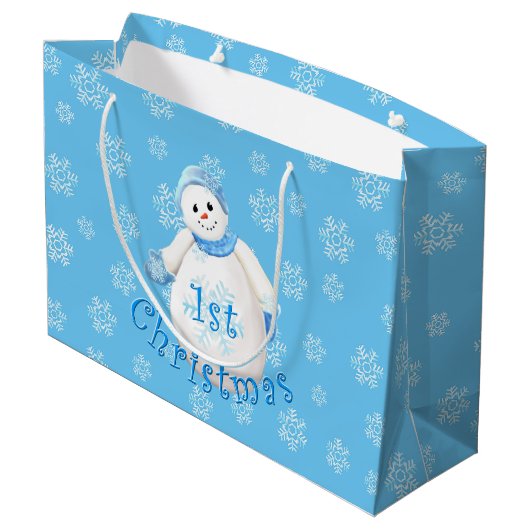 1. Schneemann und -schneeflocken des Babys Große Geschenktüte (Rückseite Schrägansicht)
