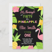 1. Schwarzer Flamingo & Ananas Geburtstag Einladung (Vorderseite)