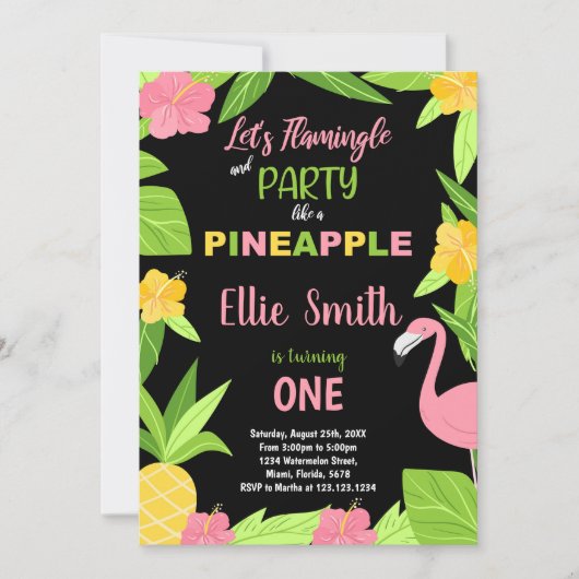1. Schwarzer Flamingo & Ananas Geburtstag Einladung (Vorderseite)