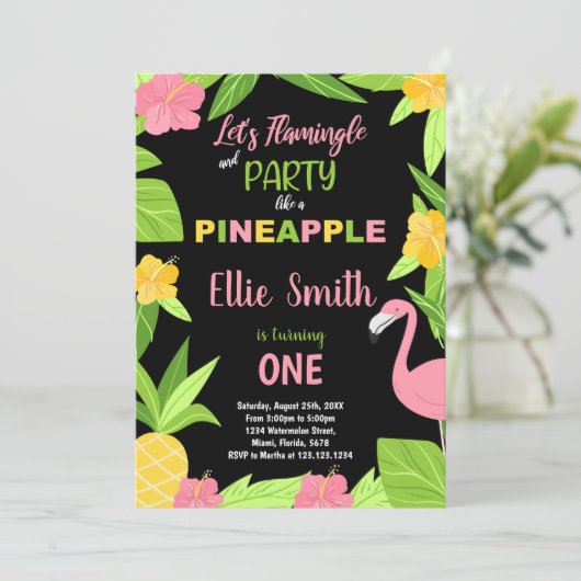 1. Schwarzer Flamingo & Ananas Geburtstag Einladung (Stehend Vorderseite)
