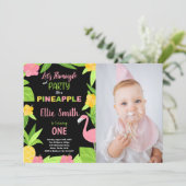 1. Schwarzer Flamingo & Ananas Geburtstag mit Foto Einladung (Stehend Vorderseite)