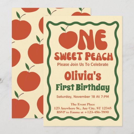 1 Sweet Peach- Wavy Retro Pfirsich 1. Geburtstag Einladung (Vorne/Hinten)