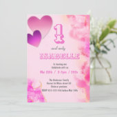 1 und nur rosa Herzen und schwebende Tinte Geburts Einladung (Stehend Vorderseite)