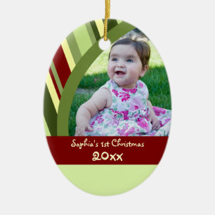 1. Verzierung des Streifen-Foto-Babys Weihnachts Keramikornament