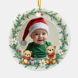 1. Weihnachten 2-seitiger Bär Umarmungen & Stechpa Keramik Ornament