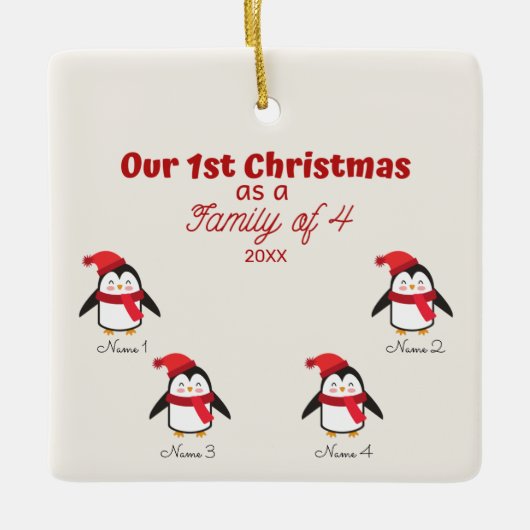 1. Weihnachten als Familie von 4 Pinguin-Ornament Keramikornament (Vorderseite)