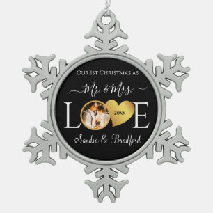 1. Weihnachten als Frau Newlyweds Holiday Schneeflocken Zinn-Ornament