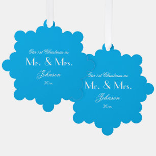 1. Weihnachten als Mr. & Mrs. Script Boho Chic Blu Ornament Karte