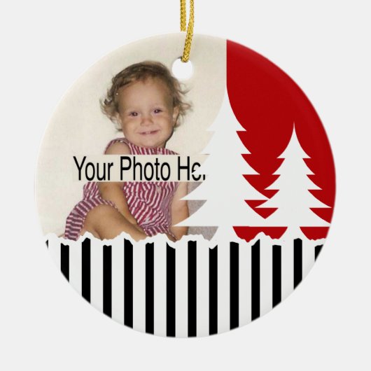 1. Weihnachten/ Bäume und Streifen Foto Keramik Ornament (Vorne)