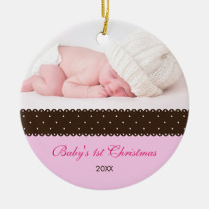 1. Weihnachten des Babys - Band (pink) Keramikornament