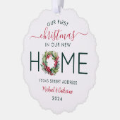 1. Weihnachten in unserem neuen Zuhause-Grünkranz Ornament Karte (Links)