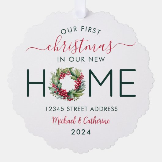 1. Weihnachten in unserem neuen Zuhause-Grünkranz Ornament Karte (Vorderseite)