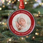 1. Weihnachten Modernes Foto Rot und Weiß Ornament Aus Metall<br><div class="desc">Feiern Sie mit einem festlichen Foto in Rot und Weiß, das rund um die Metal-Ornamente gehalten wird. Ein geschlechtsneutrales Design ist für einen neuen kleinen Jungen oder ein neues Mädchen geeignet. Aufnahme und Bild auf dieser Vorlage sind einfach zu personalisieren. "Mein erstes Weihnachtsangebot" ist leicht zu ändern, falls es für...</div>