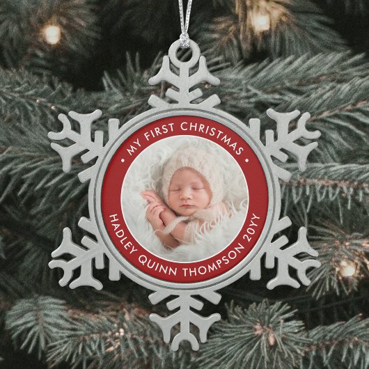 1. Weihnachten Modernes Foto Rot und Weiß Schneeflocken Zinn-Ornament