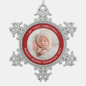1. Weihnachten Modernes Foto Rot und Weiß Schneeflocken Zinn-Ornament (Vorderseite)