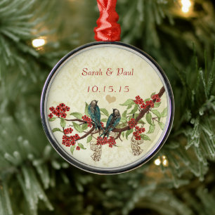 1. Weihnachten Rote Liebesvögel blühen Vintage Ornament Aus Metall