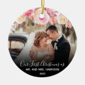 1. Weihnachten Verheiratet Mr. & Mrs. Foto Pink Fl Keramik Ornament (Vorne)