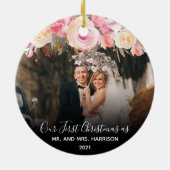 1. Weihnachten Verheiratet Mr. & Mrs. Foto Pink Fl Keramik Ornament (Hinten)