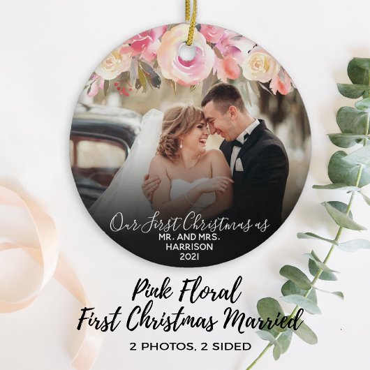 1. Weihnachten Verheiratet Mr. & Mrs. Foto Pink Fl Keramik Ornament