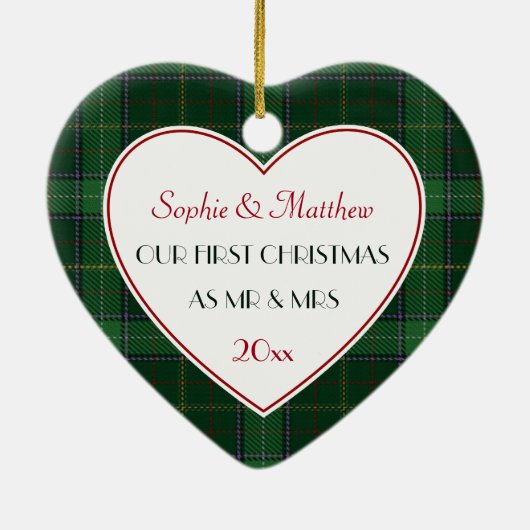 1. Weihnachten Verheiratetes Grünes Kariertes Gesc Keramikornament (Hinten)