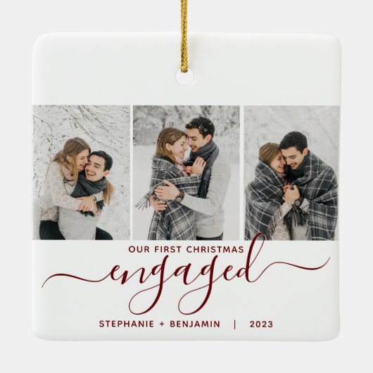 1. Weihnachten Verlobt 3 Foto Burgundy Red Script Keramikornament (Rückseite)
