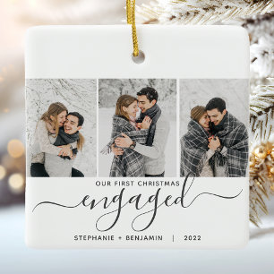 1. Weihnachten Verlobt 3 Foto Collage Grau Script Keramikornament