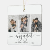 1. Weihnachten Verlobt 3 Foto Collage Grau Script Keramikornament (Links)