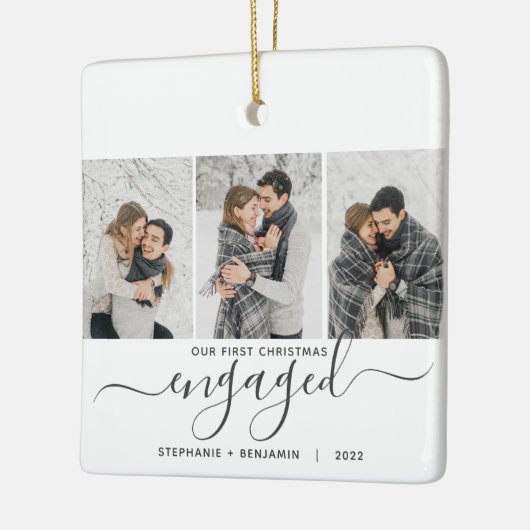 1. Weihnachten Verlobt 3 Foto Collage Grau Script Keramikornament (Links)