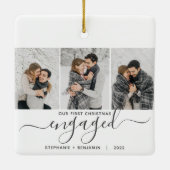 1. Weihnachten Verlobt 3 Foto Collage Grau Script Keramikornament (Rückseite)