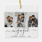 1. Weihnachten Verlobt 3 Foto Collage Grau Script Keramikornament (Vorderseite)
