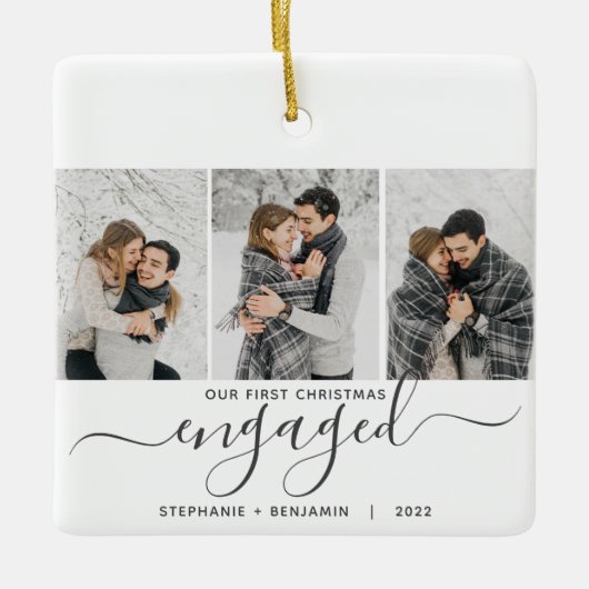 1. Weihnachten Verlobt 3 Foto Collage Grau Script Keramikornament (Vorderseite)