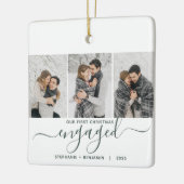 1. Weihnachten Verlobt 3 Foto Grüne Schrift Keramikornament (Links)