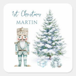 1. Weihnachts Blue Nutcracker Snowy Tree Quadratischer Aufkleber