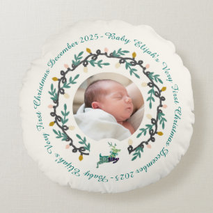 1. Weihnachts-Hirsch mit Kranz Teal Cream Rundes Kissen