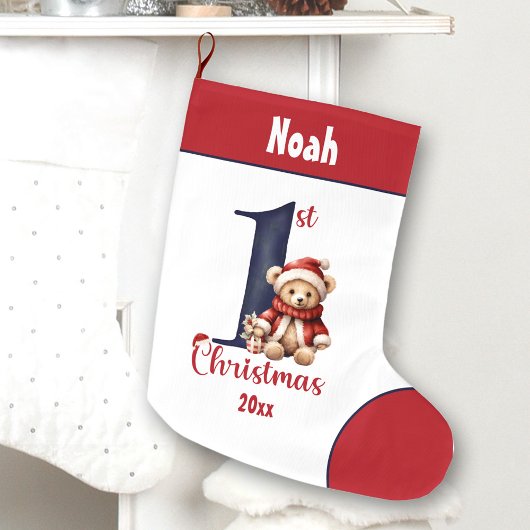 1. Weihnachts-Teddy Bear Baby Boy Navy Roter Name Großer Weihnachtsstrumpf