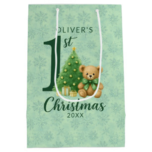 1. Weihnachts-Teddybär mit grünem Baum Mittlere Geschenktüte