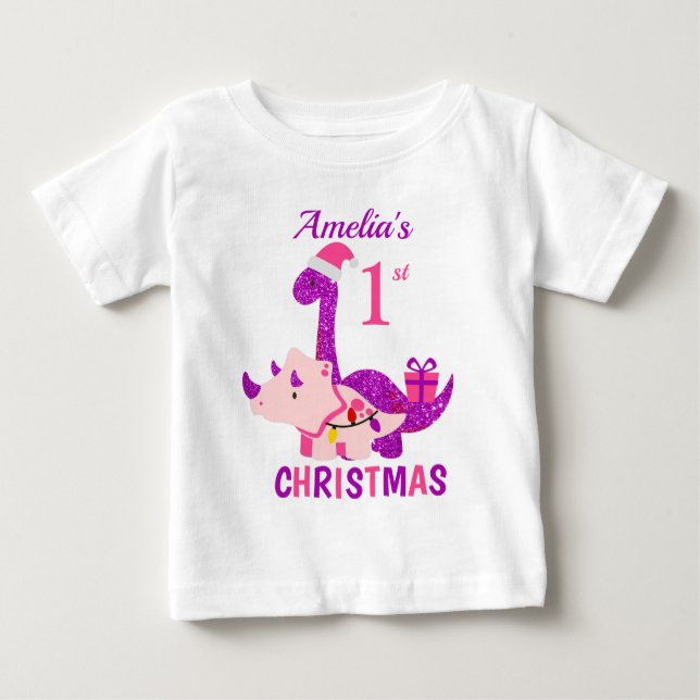 1. Weihnachtsdinosaurier Lila Glitzer Baby T-shirt (Vorderseite)
