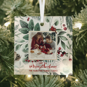 1. Weihnachtsfamilie 2-Foto Wasserfarbe Holly Ornament Aus Glas