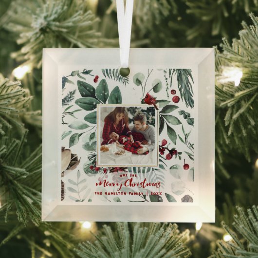 1. Weihnachtsfamilie 2-Foto Wasserfarbe Holly Ornament Aus Glas (Insitu)