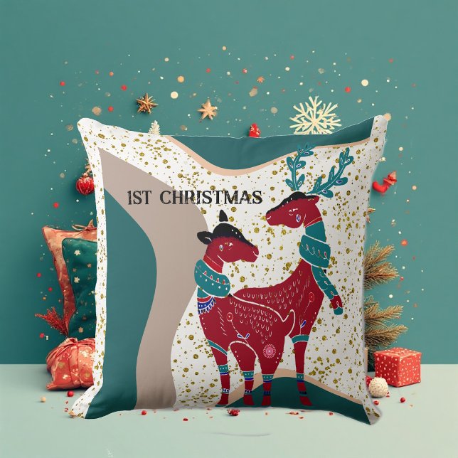 1. Weihnachtsfest im Paar Nordic Snow Hail Boho Kissen (1st Christmas Deer Couple Nordic Snow Hail Boho Throw Pillow)