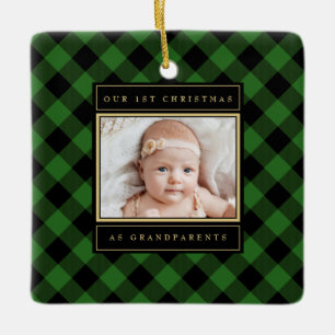 1. Weihnachtsgroßeltern Green Gold Kariertes Foto Keramikornament