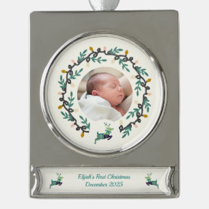 1. Weihnachtshirsch mit Kranz Teal Cream Banner-Ornament Silber