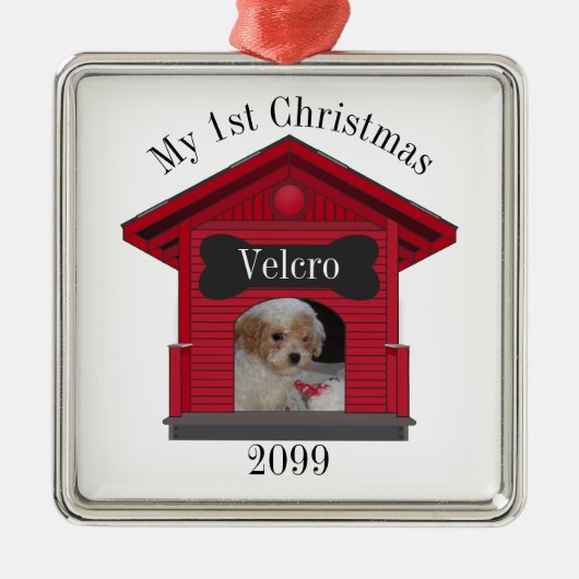 1. Weihnachtshund Hochladen Foto Dog House w Bone Ornament Aus Metall (Vorne)