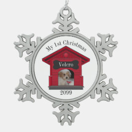 1. Weihnachtshund Hochladen Foto Dog House w Bone Schneeflocken Zinn-Ornament